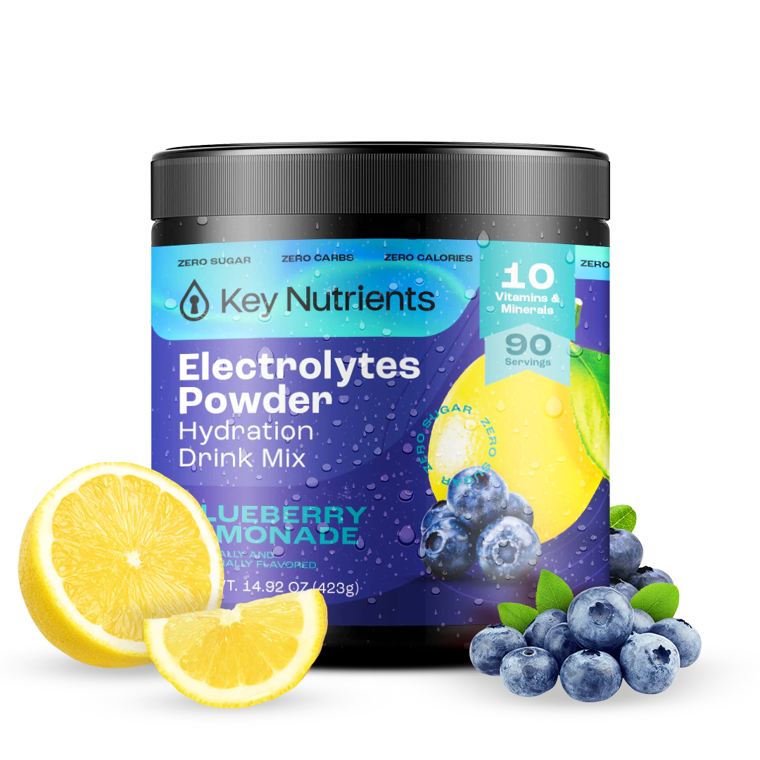 The Electrolyte Recovery Plus Powder (Sugar-Free) comes in a container beautifully illustrated with blueberries and lemon slices, aptly labeled as Blueberry Lemonade. Perfect for individuals on a keto diet, it offers both flavor and functionality for a refreshing boost.