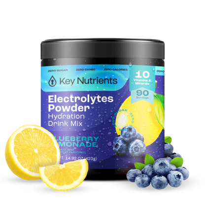 The Electrolyte Recovery Plus Powder (Sugar-Free) comes in a container beautifully illustrated with blueberries and lemon slices, aptly labeled as Blueberry Lemonade. Perfect for individuals on a keto diet, it offers both flavor and functionality for a refreshing boost.