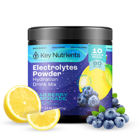 Blueberry Lemonade - 90 servings The Electrolyte Recovery Plus Powder (Sugar-Free) comes in a container beautifully illustrated with blueberries and lemon slices, aptly labeled as Blueberry Lemonade. Perfect for individuals on a keto diet, it offers both flavor and functionality for a refreshing boost.