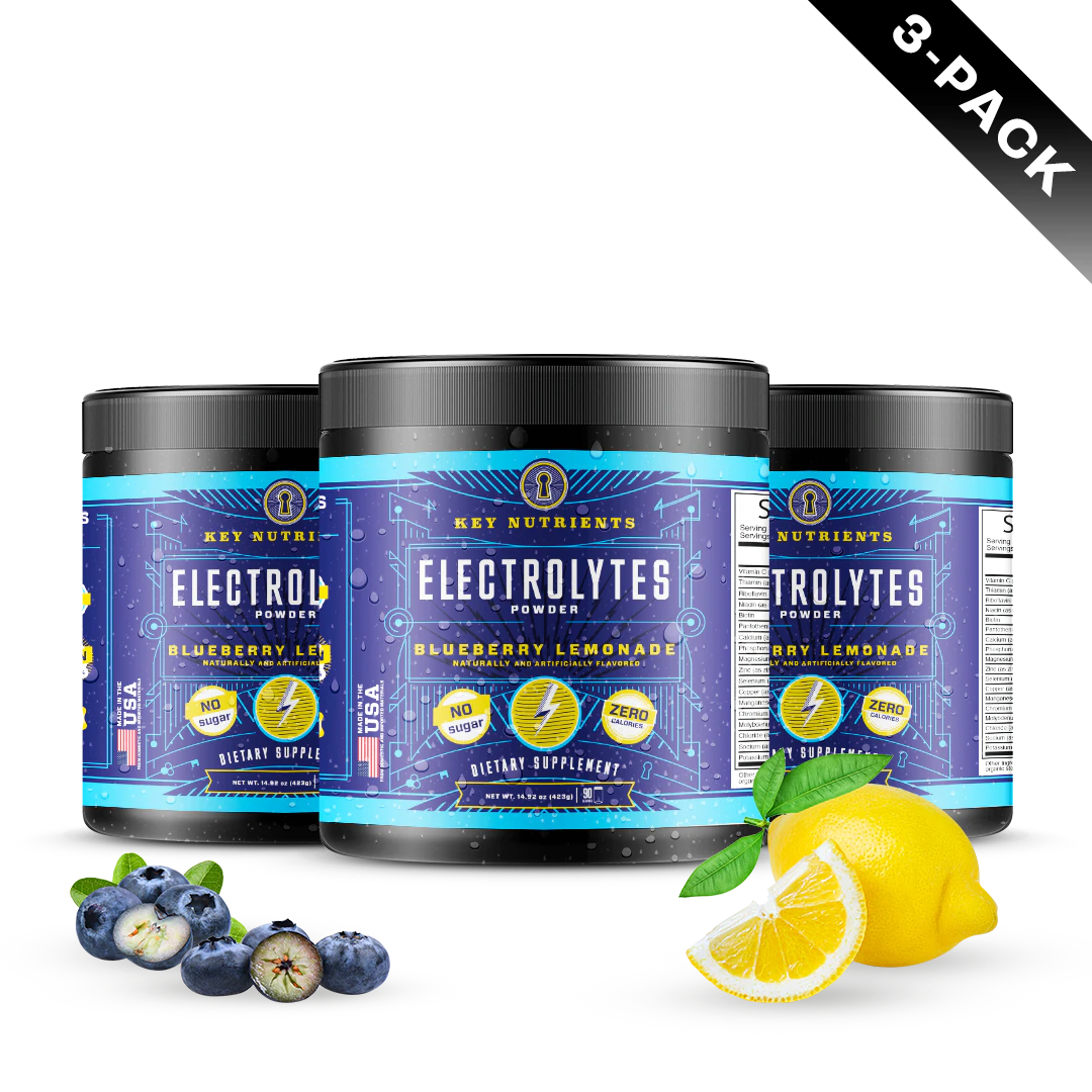 This three-pack of Electrolyte Recovery Plus Powder (Sugar-Free) features a refreshing blueberry lemonade flavor, showcasing vibrant blueberries and lemons in the foreground. Ideal for those on a keto diet, this hydration drink helps keep you energized and revitalized all day long.