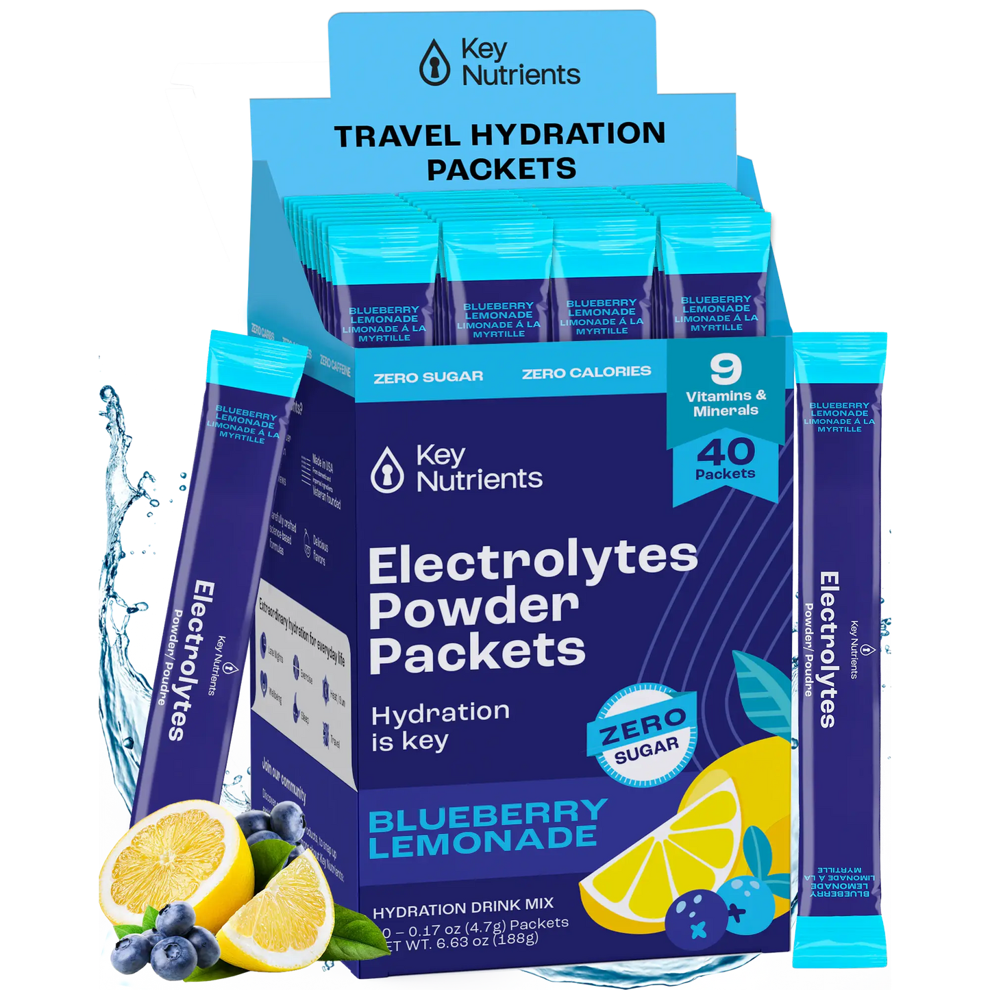 Box of Electrolyte Recovery Plus Powder packets in blueberry lemonade flavor, featuring lemons and blueberries, perfect for a refreshing hydration drink. Keto diet friendly, these sugar-free packets offer a delicious way to replenish essential minerals.