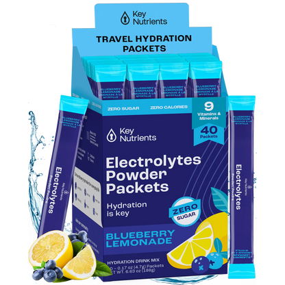 Box of Electrolyte Recovery Plus Powder packets in blueberry lemonade flavor, featuring lemons and blueberries, perfect for a refreshing hydration drink. Keto diet friendly, these sugar-free packets offer a delicious way to replenish essential minerals.