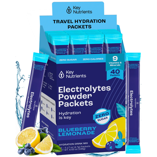 Blueberry Lemonade - 40 servings Box of Electrolyte Recovery Plus Powder packets in blueberry lemonade flavor, featuring lemons and blueberries, perfect for a refreshing hydration drink. Keto diet friendly, these sugar-free packets offer a delicious way to replenish essential minerals.