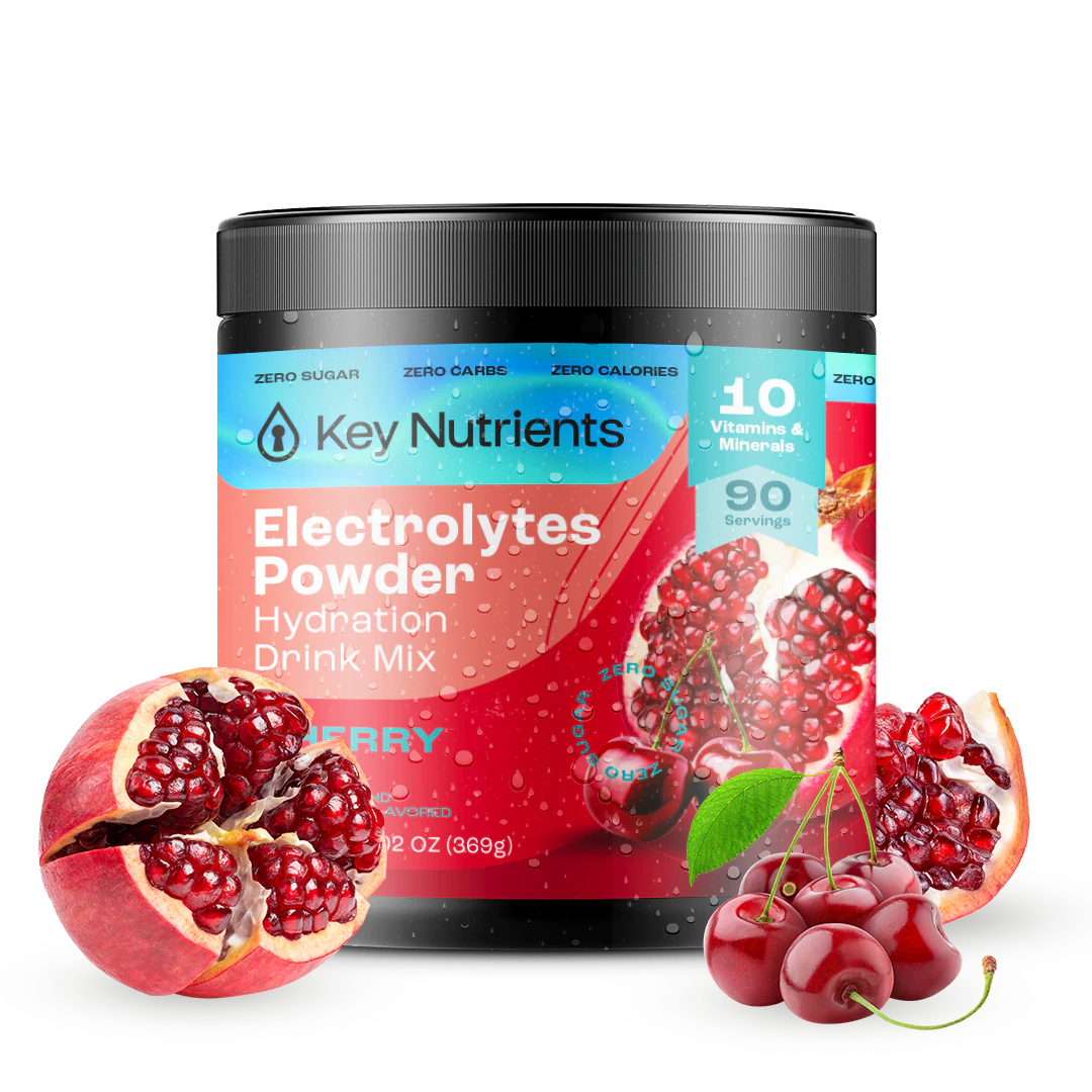 Electrolyte Recovery Plus Powder (Sugar-Free) container features vibrant images of pomegranate and cherries on the label, making it perfect for a Keto Diet Friendly Hydration Drink.