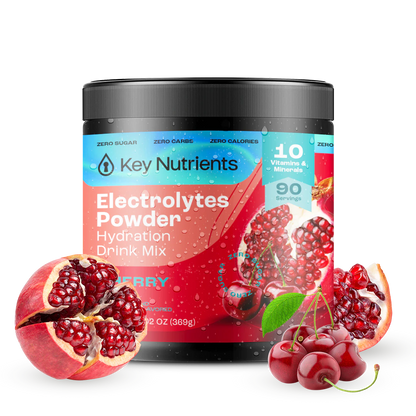 Electrolyte Recovery Plus Powder (Sugar-Free) container features vibrant images of pomegranate and cherries on the label, making it perfect for a Keto Diet Friendly Hydration Drink.