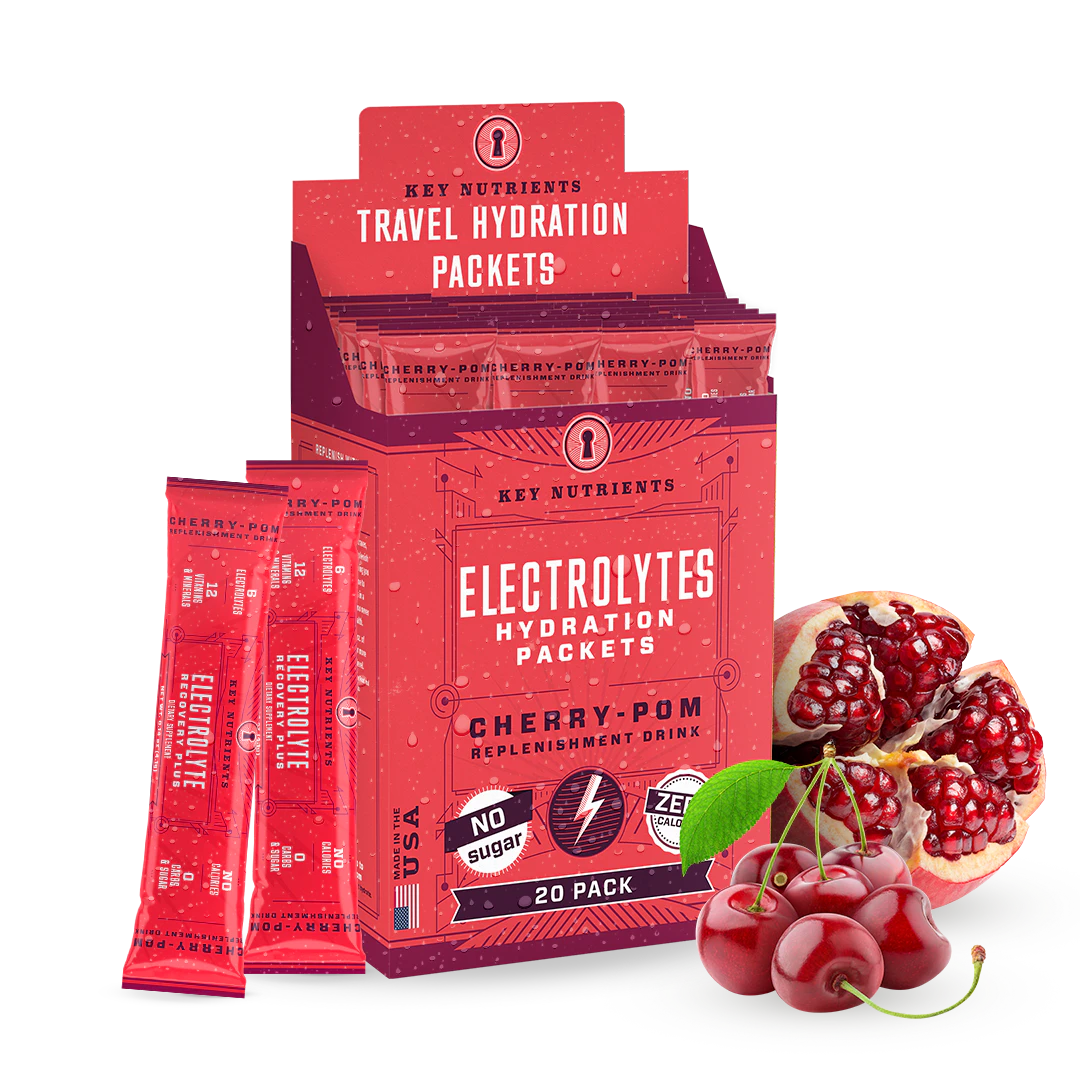 Electrolyte Recovery Plus Powder (Sugar-Free) packets, featuring cherries and pomegranate designs, are ideal for your keto-friendly hydration drink or an electrolyte powder boost.