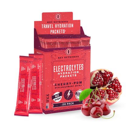 Electrolyte Recovery Plus Powder (Sugar-Free) packets, featuring cherries and pomegranate designs, are ideal for your keto-friendly hydration drink or an electrolyte powder boost.