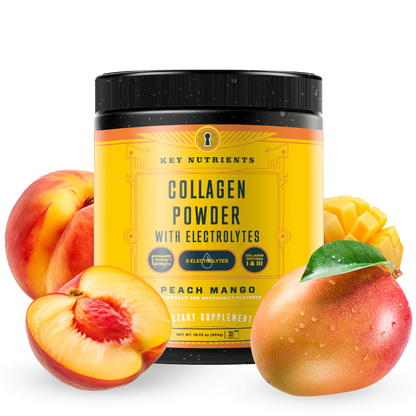 Experience the delightful and revitalizing sensation of Collagen Peptides Powder With Electrolytes, featuring a refreshing blend of collagen peptides and electrolytes infused with the vibrant flavors of fresh peach and mango.