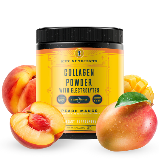 Peach Mango - 30 servings Experience the delightful and revitalizing sensation of Collagen Peptides Powder With Electrolytes, featuring a refreshing blend of collagen peptides and electrolytes infused with the vibrant flavors of fresh peach and mango.