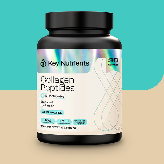 A black container of Collagen Peptides with Electrolytes Powder, featuring a beige and teal label.