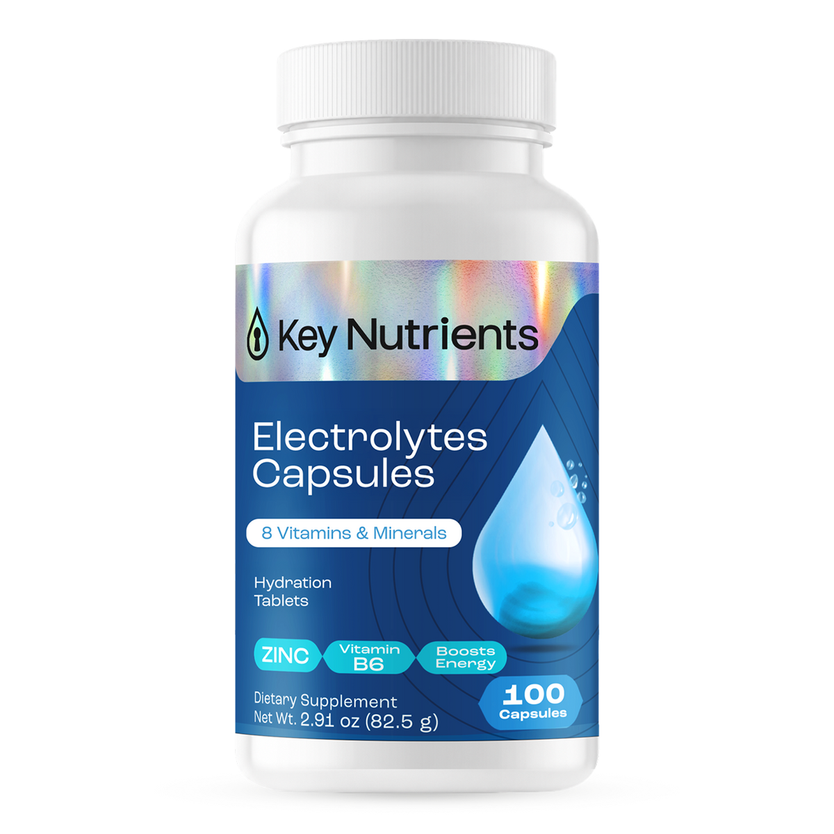 White bottle labeled Electrolyte Capsules (Sugar Free Electrolytes), 100 ct, blue design, keto support.