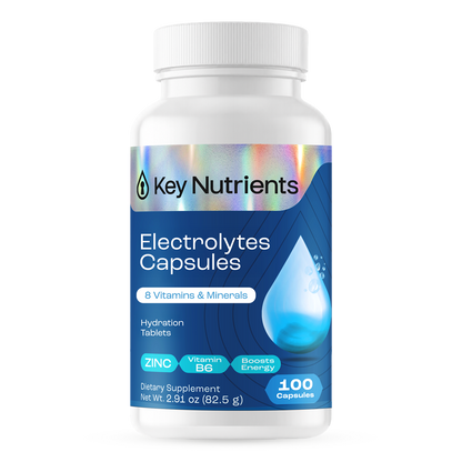 White bottle labeled Electrolyte Capsules (Sugar Free Electrolytes), 100 ct, blue design, keto support.