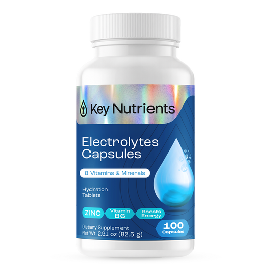White bottle labeled Electrolyte Capsules (Sugar Free Electrolytes), 100 ct, blue design, keto support.