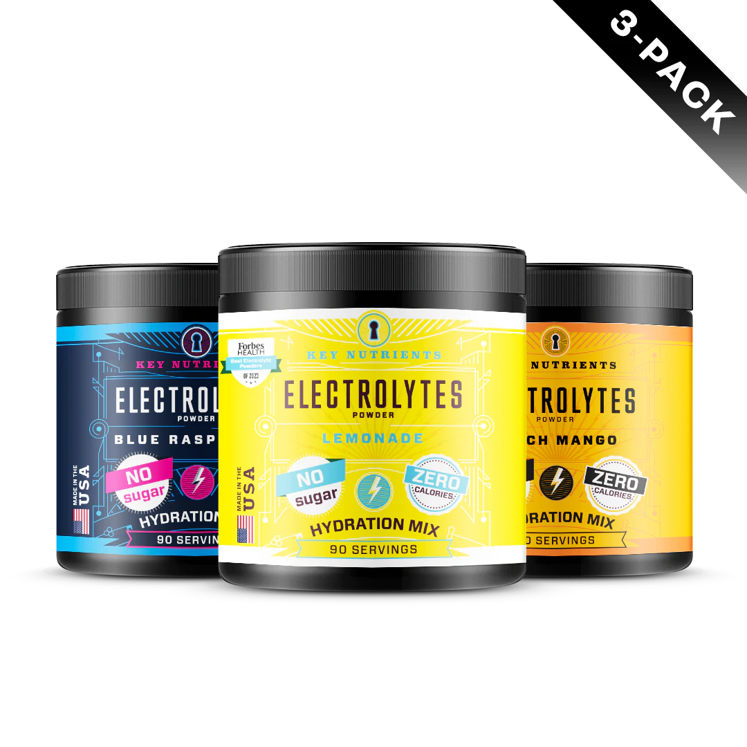 Three jars of Electrolyte Recovery Plus Powder (Sugar-Free) in Blue Raspberry, Lemonade, and Peach Mango flavors, ideal for a refreshing hydration drink.