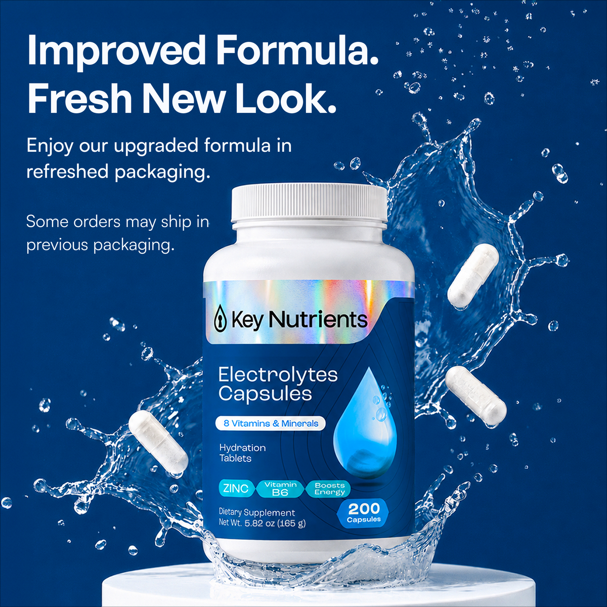 Blue bottle of Electrolyte Capsules (Sugar Free Electrolytes) for keto hydration, with water splash.