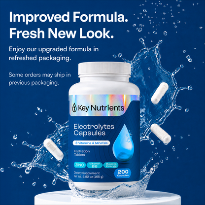 Blue bottle of Electrolyte Capsules (Sugar Free Electrolytes) for keto hydration, with water splash.