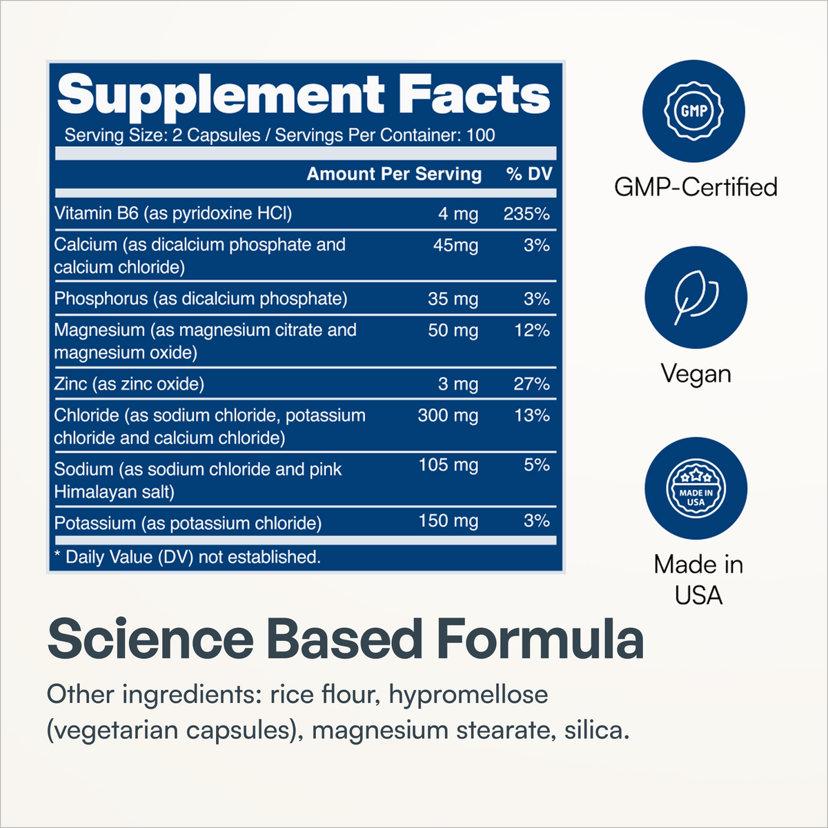 Electrolyte Capsules: supplement facts; icons for formula, GMP, Vegan, Keto, USA. Sugar free.