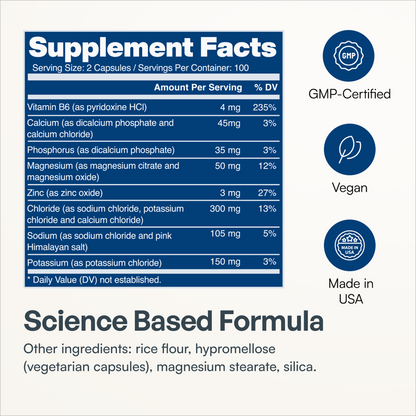 Electrolyte Capsules: supplement facts; icons for formula, GMP, Vegan, Keto, USA. Sugar free.