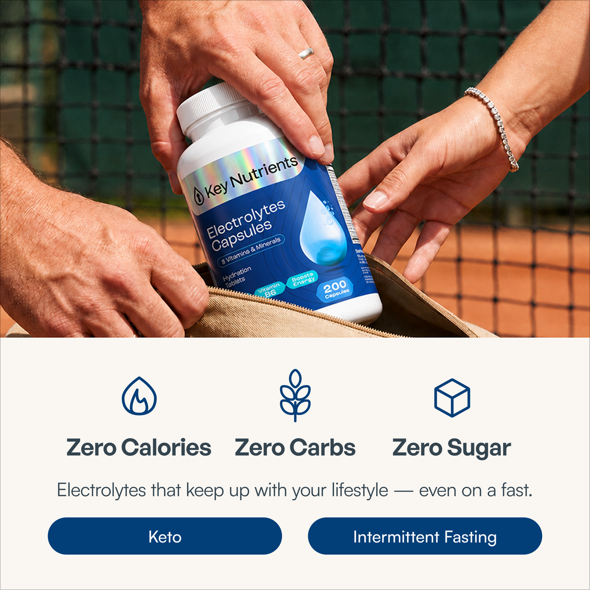Hands hold Electrolyte Capsules (Sugar Free Electrolytes) over a beige bag, showing hydration support.