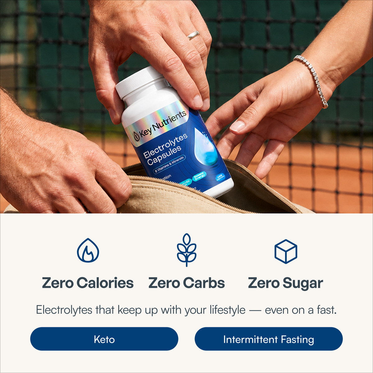 Two hands place a bottle of Electrolyte Capsules into a beige bag on a tennis court background.