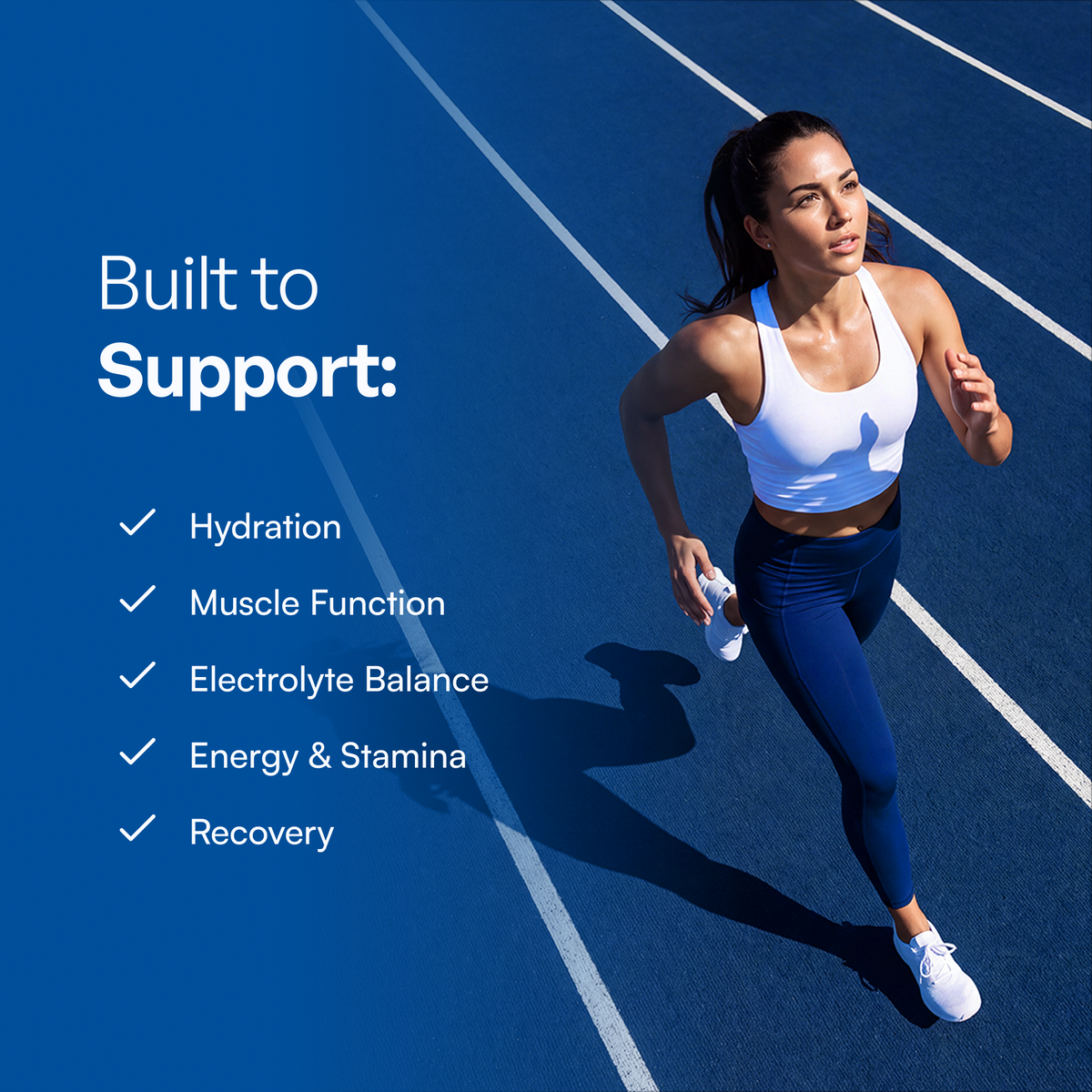 Woman runs on a blue track; text highlights Electrolyte Capsules for keto-friendly hydration support.
