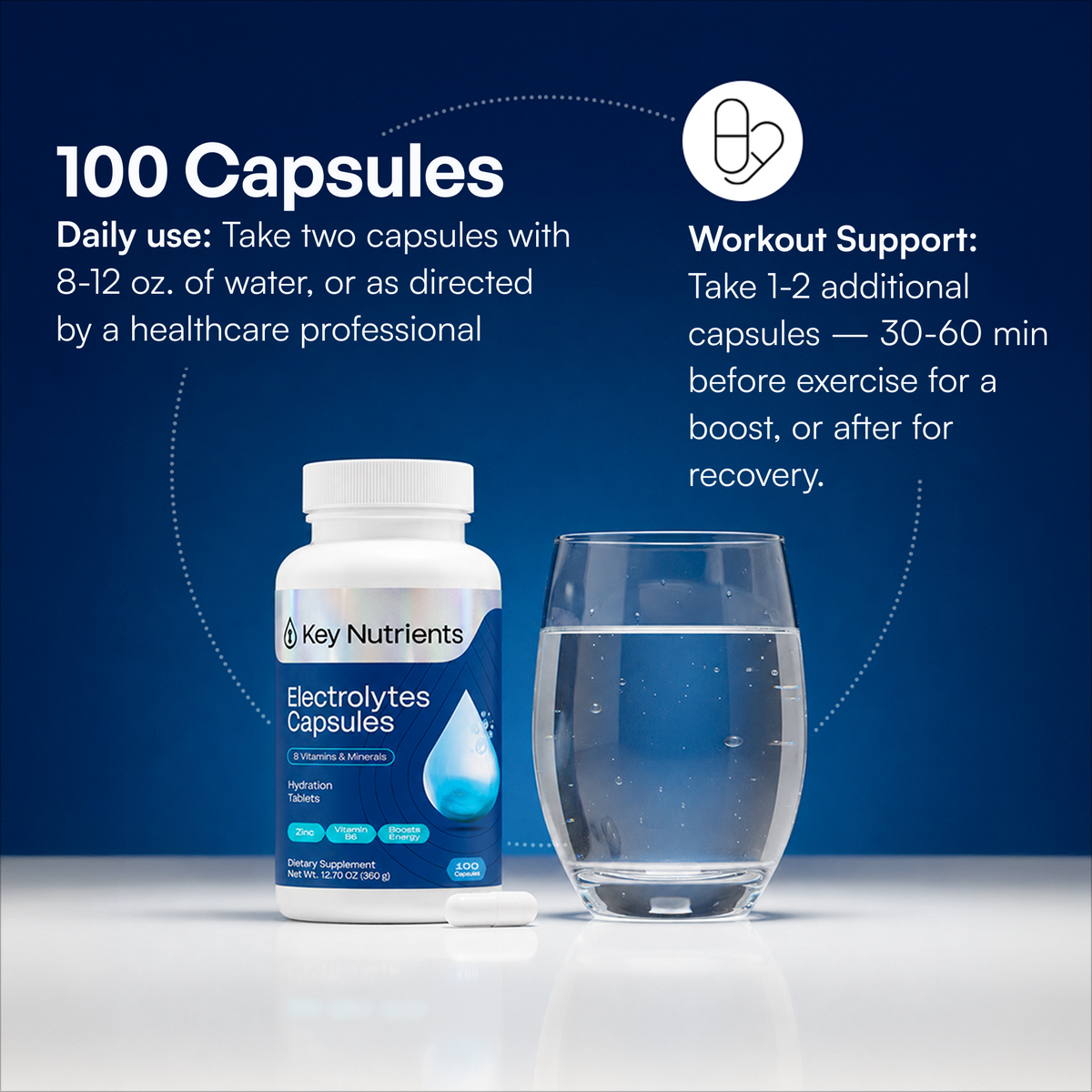 Electrolyte Capsules (Sugar Free Electrolytes) support hydration—take as directed with water.