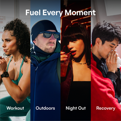 Four people—working out, outdoors, night out, resting—all benefit from Electrolyte Capsules.
