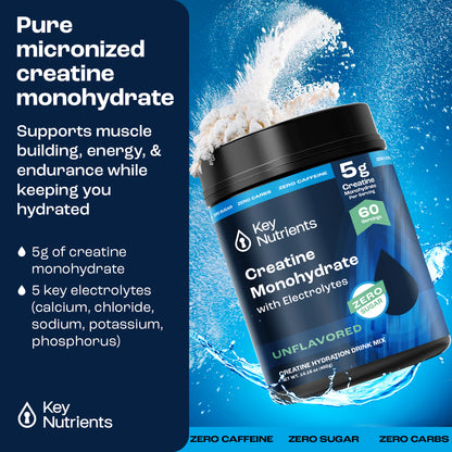 Unflavored Creatine with Electrolytes Powder, designed to support muscle building and hydration.