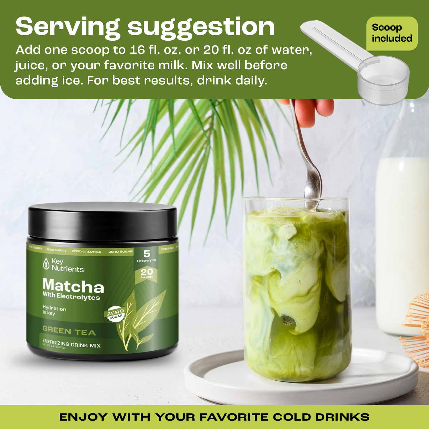 A container of Matcha Powder with Electrolytes is placed next to a prepared matcha milk drink, along with a scoop. This refreshing beverage invigorates your senses and enhances hydration due to its natural electrolytes.