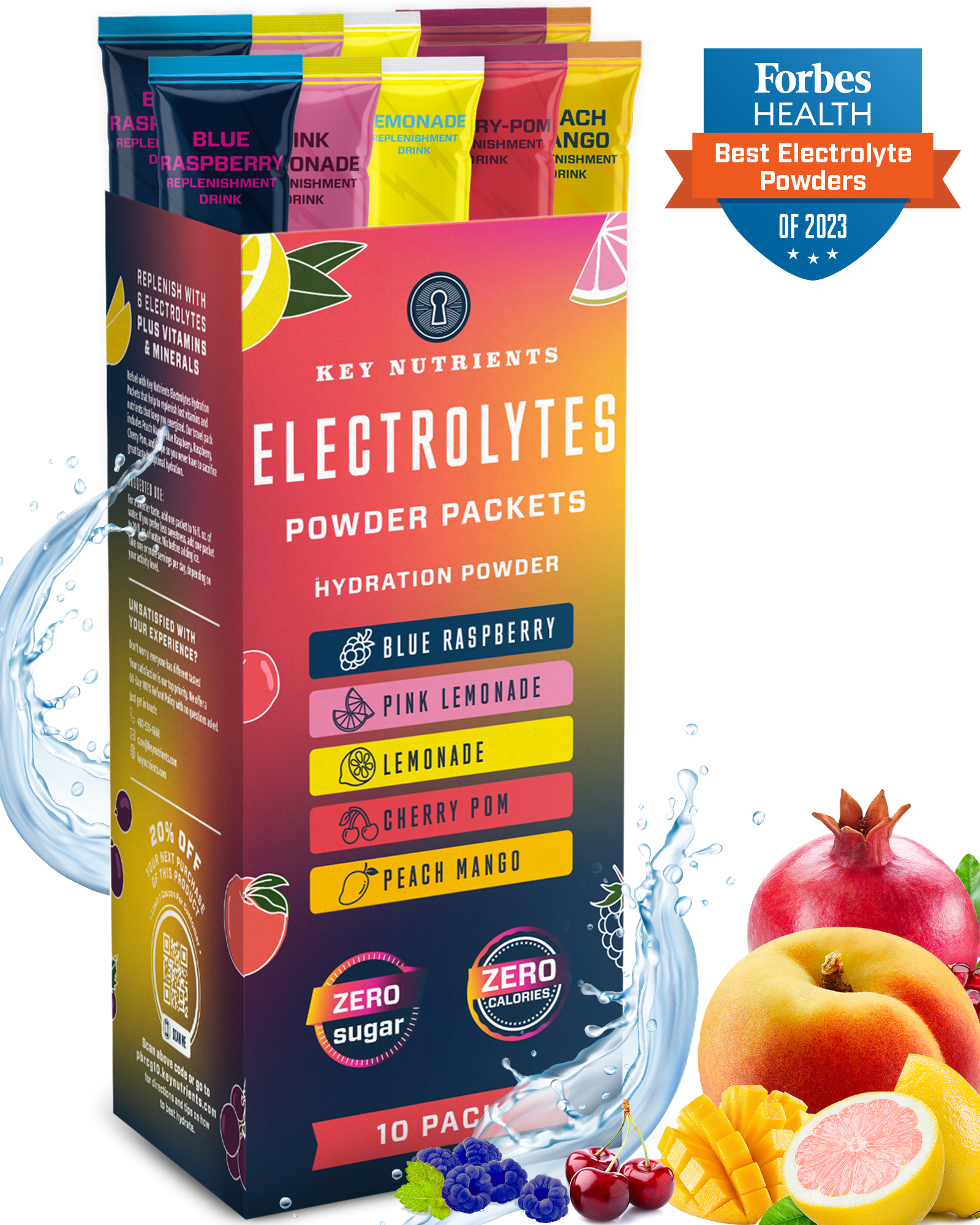 A vibrant box of Electrolyte Recovery Plus Powder Travel Packets features fruit illustrations and health accolades, perfect for hydration and complementing your keto diet.