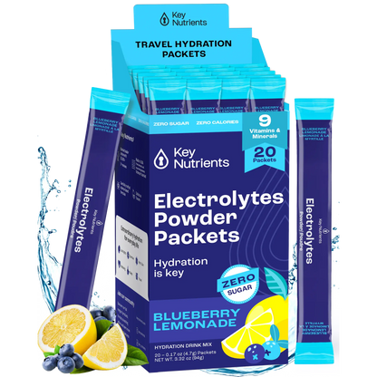 Electrolyte Recovery Plus Powder (Sugar-Free), ideal for a keto diet, features vibrant lemons and blueberries on the packaging. Perfect as a hydration drink, these convenient packets keep you refreshed and balanced.