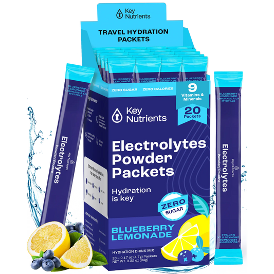 Blueberry Lemonade - 20 servings Electrolyte Recovery Plus Powder (Sugar-Free), ideal for a keto diet, features vibrant lemons and blueberries on the packaging. Perfect as a hydration drink, these convenient packets keep you refreshed and balanced.