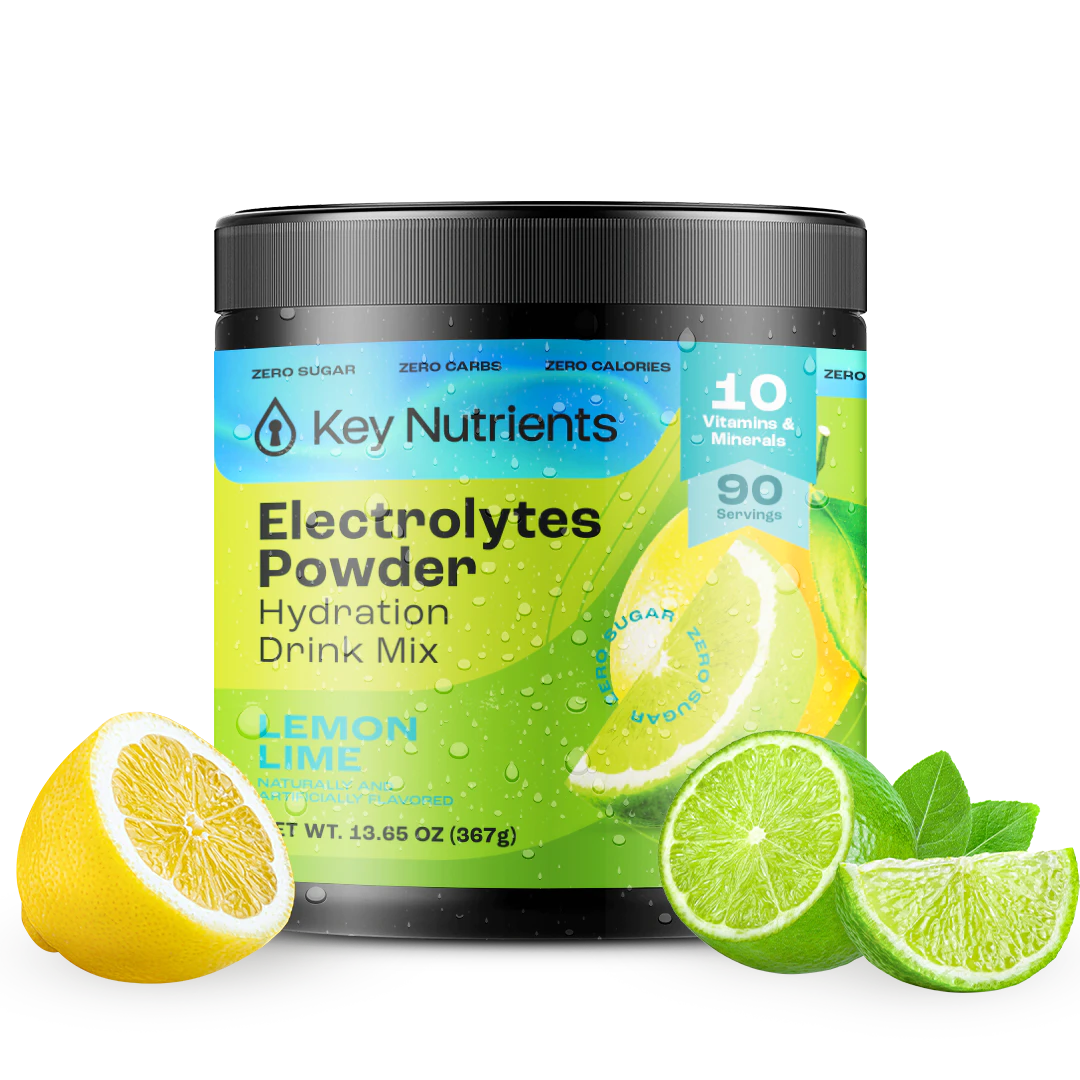 A container of Electrolyte Recovery Plus Powder (Sugar-Free), ideal for creating a keto-friendly hydration drink, sits beside fresh lemon and lime slices.