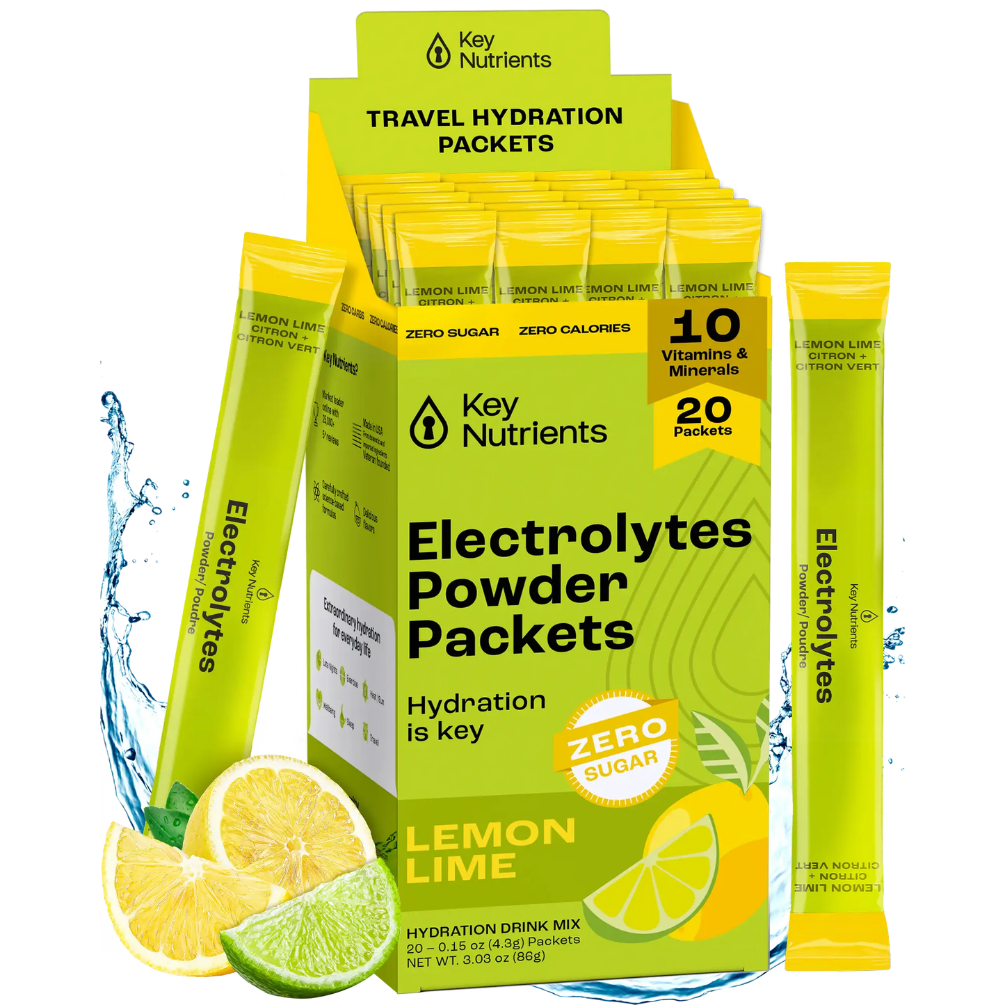 The Electrolyte Recovery Plus Powder (Sugar-Free), ideal for a keto diet, offers a refreshing lemon lime flavor. Displayed attractively with sliced lemons and limes, this hydration solution is perfect for those looking to achieve balance and rejuvenation.