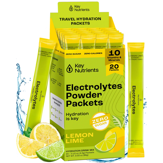 Lemon Lime - 20 servings The Electrolyte Recovery Plus Powder (Sugar-Free), ideal for a keto diet, offers a refreshing lemon lime flavor. Displayed attractively with sliced lemons and limes, this hydration solution is perfect for those looking to achieve balance and rejuvenation.