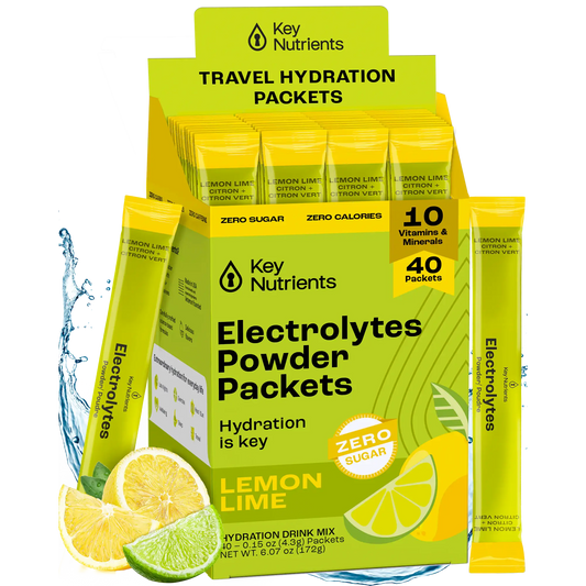 Lemon Lime - 40 servings Box of Electrolyte Recovery Plus Powder (Sugar-Free) with citrus slices, ideal for those on a keto diet. This hydration drink keeps you refreshed and revitalized.