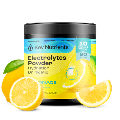 Electrolyte Recovery Plus Powder (Sugar-Free) in a yellow container with lemon slices, featuring zero sugar and 90 servings, ideal for the Keto Diet Friendly hydration drink.