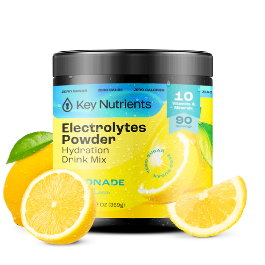 Lemonade - 90 servings Electrolyte Recovery Plus Powder (Sugar-Free) in a yellow container with lemon slices, featuring zero sugar and 90 servings, ideal for the Keto Diet Friendly hydration drink.