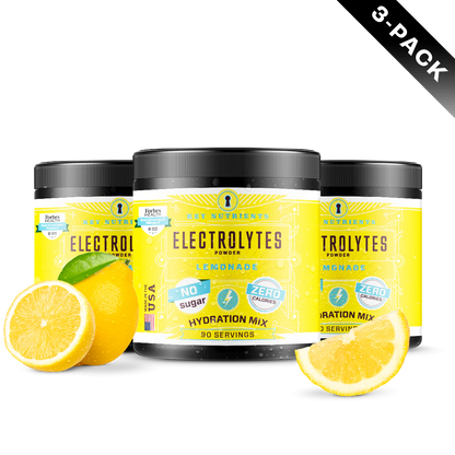 Three tubs of Electrolyte Recovery Plus Powder (Sugar-Free) lemonade electrolyte powder, complete with lemon slices, labeled Hydration Mix and Zero Sugar.