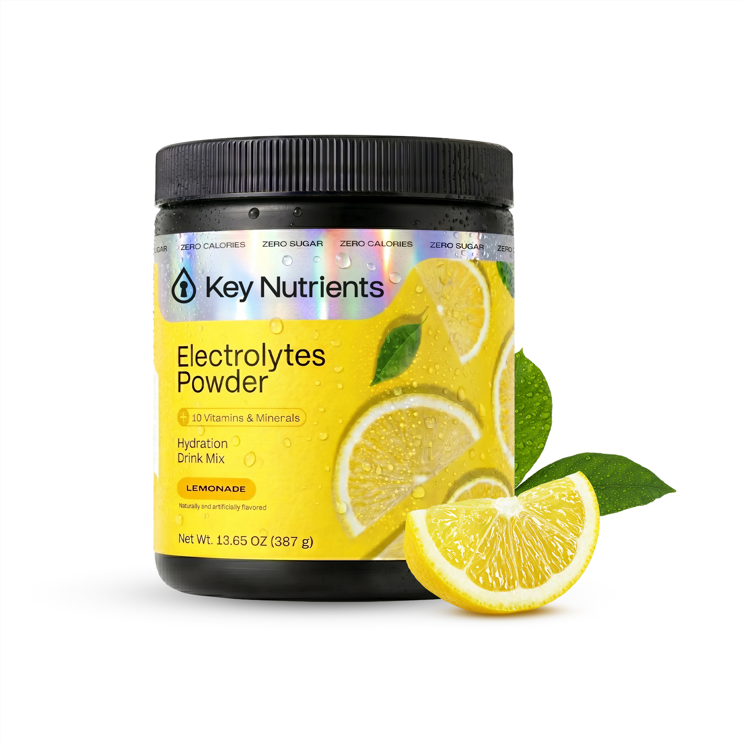 A container of Electrolyte Recovery Plus Powder (Sugar-Free), Lemonade flavor, with lemon slice and leaf.