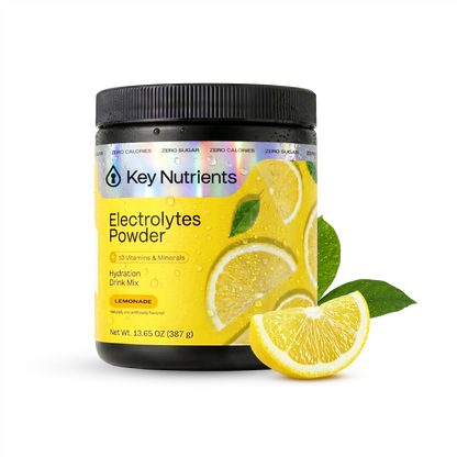 A container of Electrolyte Recovery Plus Powder (Sugar-Free), Lemonade flavor, with lemon slice and leaf.