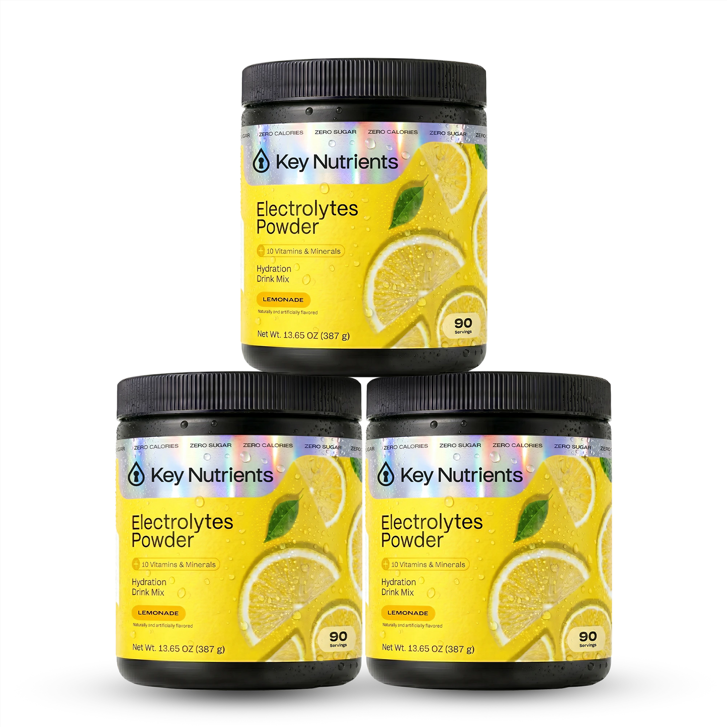 Three jars of Electrolyte Recovery Plus Powder (Sugar-Free) with lemon and lime slices on vibrant labels.