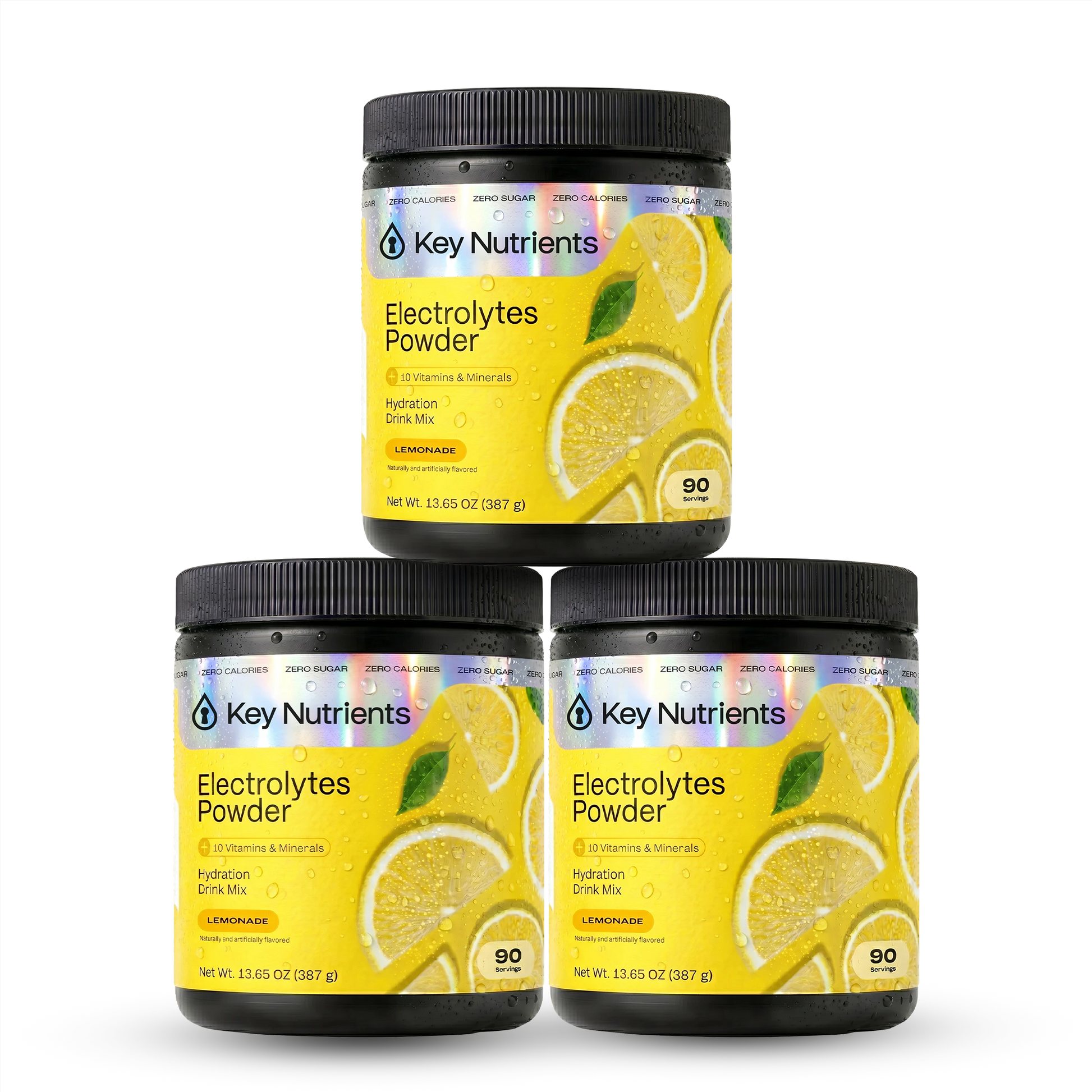 Three jars of Electrolyte Recovery Plus Powder (Sugar-Free) with lemon and lime slices on vibrant labels.