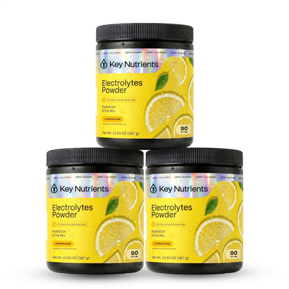 Three jars of Electrolyte Recovery Plus Powder (Sugar-Free) with lemon and lime slices on vibrant labels.