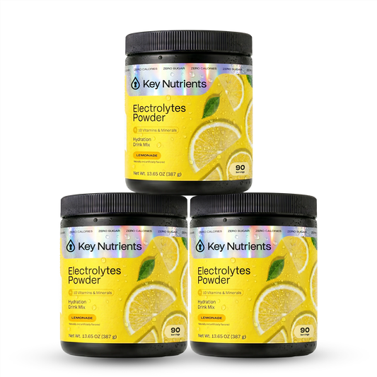 Three jars of Electrolyte Recovery Plus Powder (Sugar-Free) with lemon and lime slices on vibrant labels.