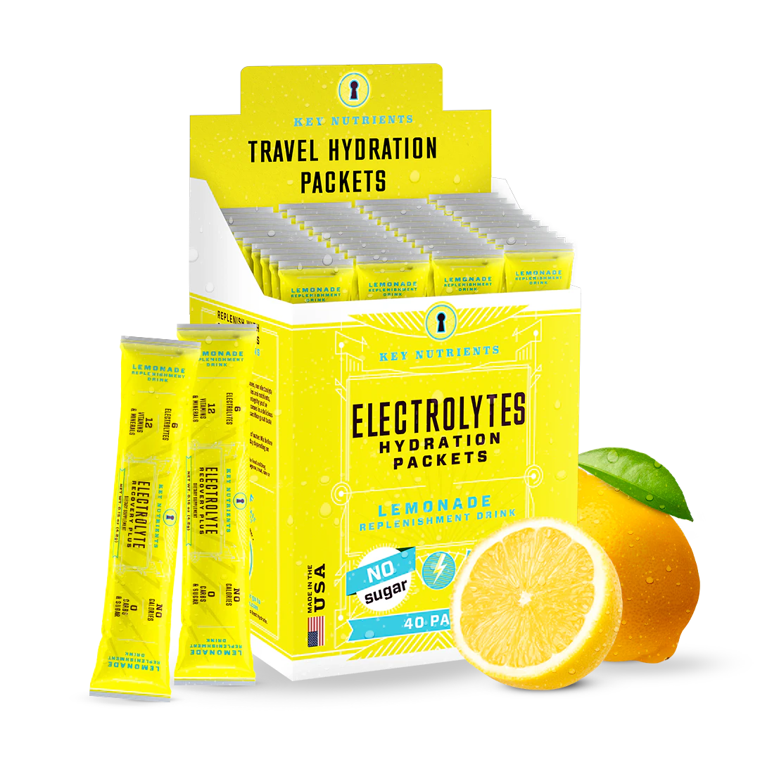 Keto diet-friendly Electrolyte Recovery Plus Powder in lemonade flavor, with a sliced lemon and whole lemon beside the box.