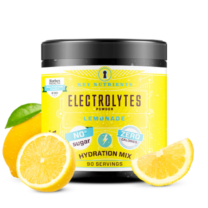 Electrolyte Recovery Plus Powder (Sugar-Free) in a yellow lemonade flavor, featuring a container with two lemons on the label, boasting no sugar and zero calories. This hydration drink is ideal for those following a keto diet and needing a refreshing boost.