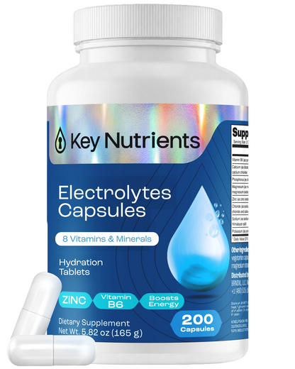 Electrolyte Capsules (Sugar Free Electrolytes), 200 count, for hydration; two capsules shown in front.