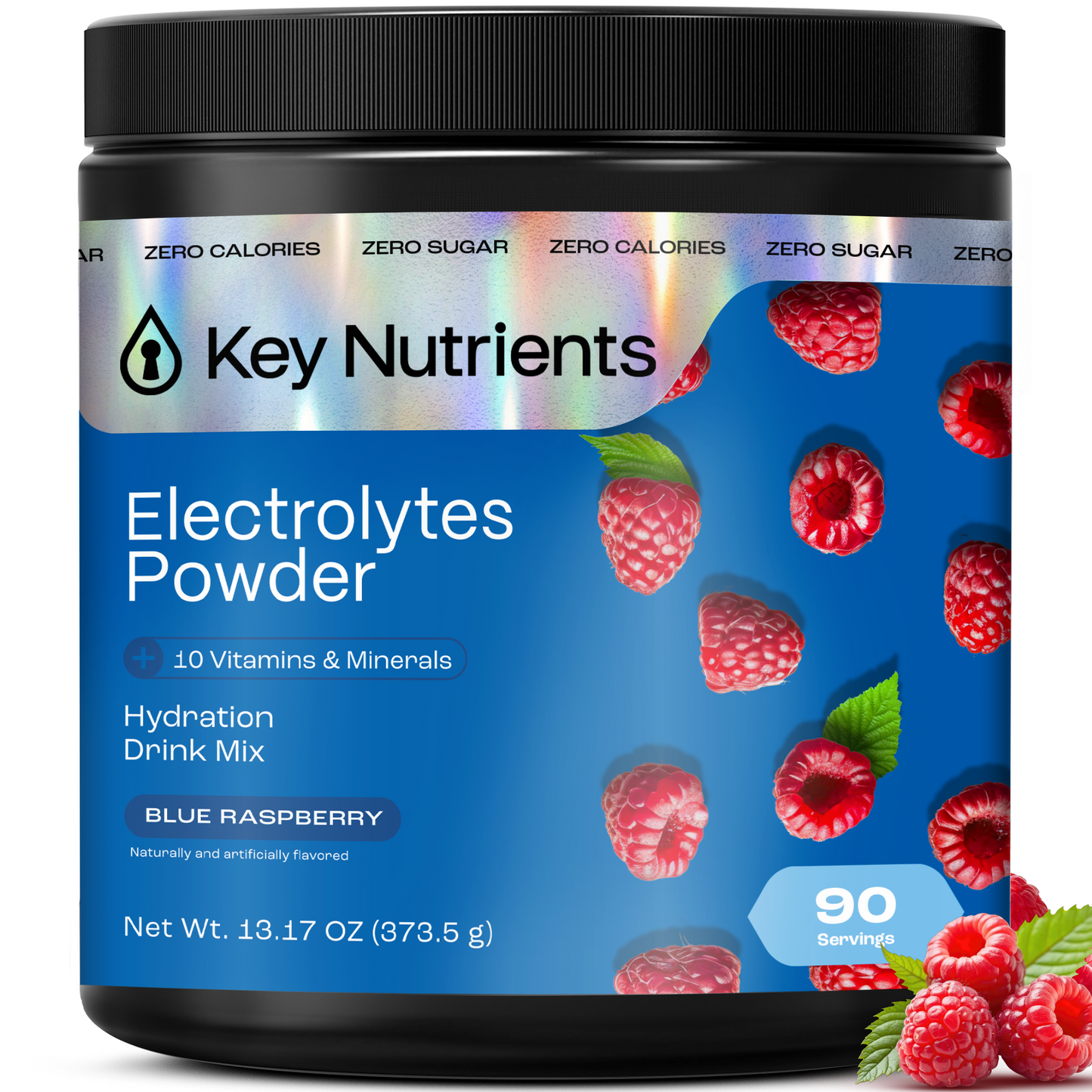 A container of Electrolyte Recovery Plus Powder (Sugar-Free) in blue raspberry flavor.