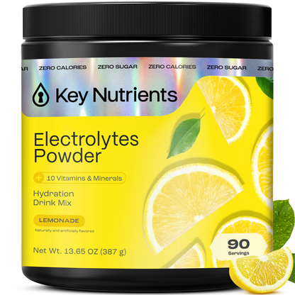 A container of Electrolyte Recovery Plus Powder (Sugar-Free), Lemonade flavor, with lemon images.